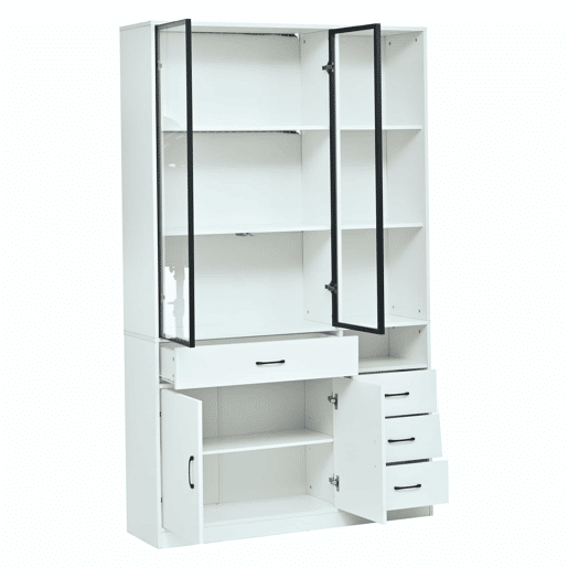 Vitrine alta 120 x 35 x 200 cm - 13 compartimentos, 4 gavetas, portas com LED - Branco Vitrine alta 120 x 35 x 200 cm - 13 compartimentos, 4 gavetas, portas com LED - Branco