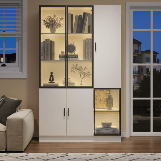 Vitrine de vidro 200 cm - Estante multiusos com luzes LED, porta de vidro e moldura de alumÃnio - Branco Vitrine de vidro 200 cm - Estante multiusos com luzes LED, porta de vidro e moldura de alumÃnio - Branco