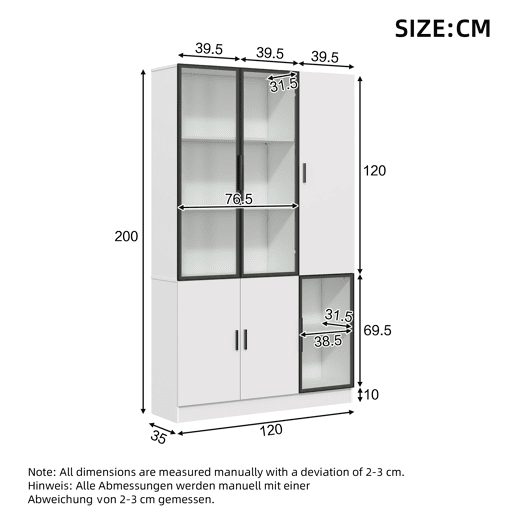 Vitrine de vidro 200 cm - Estante multiusos com luzes LED, porta de vidro e moldura de alumÃnio - Branco Vitrine de vidro 200 cm - Estante multiusos com luzes LED, porta de vidro e moldura de alumÃnio - Branco
