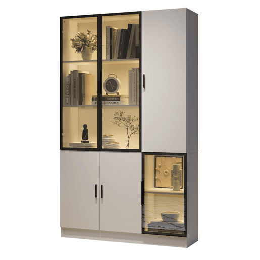 Vitrine de vidro 200 cm - Estante multiusos com luzes LED, porta de vidro e moldura de alumÃnio - Branco Vitrine de vidro 200 cm - Estante multiusos com luzes LED, porta de vidro e moldura de alumÃnio - Branco