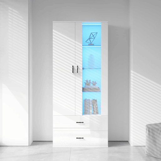 Armário expositor com 2 portas e 2 gavetas e LED - Altura 180cm - Branco Armário expositor com 2 portas e 2 gavetas e LED - Altura 180cm - Branco