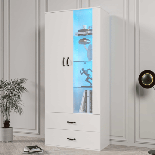 Armário expositor com 2 portas e 2 gavetas e LED - Altura 180cm - Branco Armário expositor com 2 portas e 2 gavetas e LED - Altura 180cm - Branco