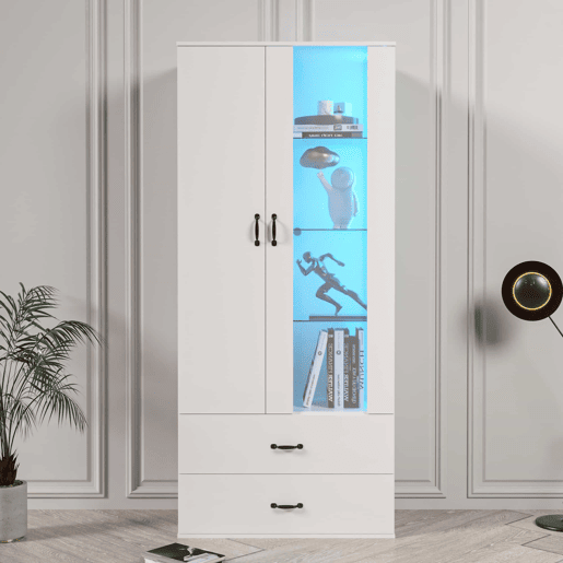 Armário expositor com 2 portas e 2 gavetas e LED - Altura 180cm - Branco Armário expositor com 2 portas e 2 gavetas e LED - Altura 180cm - Branco