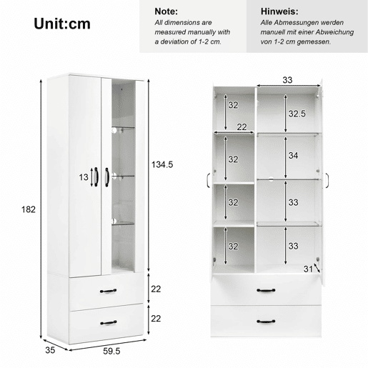 Armário expositor com 2 portas e 2 gavetas e LED - Altura 180cm - Branco Armário expositor com 2 portas e 2 gavetas e LED - Altura 180cm - Branco