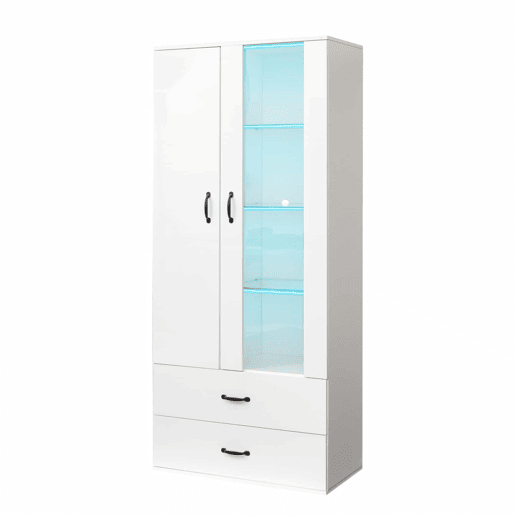 Armário expositor com 2 portas e 2 gavetas e LED - Altura 180cm - Branco Armário expositor com 2 portas e 2 gavetas e LED - Altura 180cm - Branco