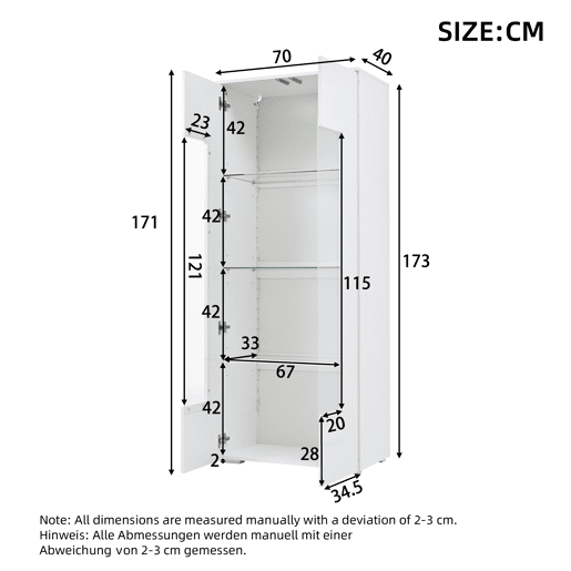 Vitrine 70x40x173 cm - 2 portas acrílicas, LED, vidro temperado, alto brilho - Branco
