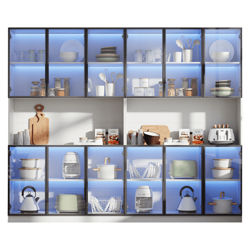 Vitrine 240x34x200 cm - 12 portas, LED, armazenamento multifuncional - Branco Vitrine 240x34x200 cm - 12 portas, LED, armazenamento multifuncional - Branco