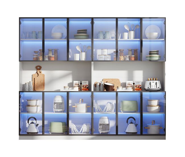 Vitrina 240x34x200 cm - 12 puertas, led, almacenamiento multifunción - blanco
