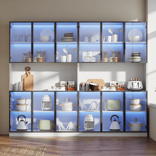 Vitrine 240x34x200 cm - 12 portas, LED, armazenamento multifuncional - Branco Vitrine 240x34x200 cm - 12 portas, LED, armazenamento multifuncional - Branco