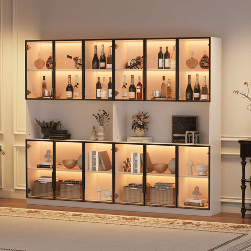 Vitrine 240x34x200 cm - 12 portas, LED, armazenamento multifuncional - Branco Vitrine 240x34x200 cm - 12 portas, LED, armazenamento multifuncional - Branco