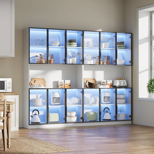 Vitrine 240x34x200 cm - 12 portas, LED, armazenamento multifuncional - Branco Vitrine 240x34x200 cm - 12 portas, LED, armazenamento multifuncional - Branco