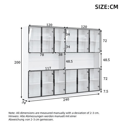 Vitrine 240x34x200 cm - 12 portas, LED, armazenamento multifuncional - Branco Vitrine 240x34x200 cm - 12 portas, LED, armazenamento multifuncional - Branco