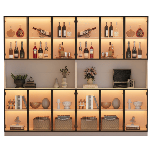 Vitrine 240x34x200 cm - 12 portas, LED, armazenamento multifuncional - Branco Vitrine 240x34x200 cm - 12 portas, LED, armazenamento multifuncional - Branco