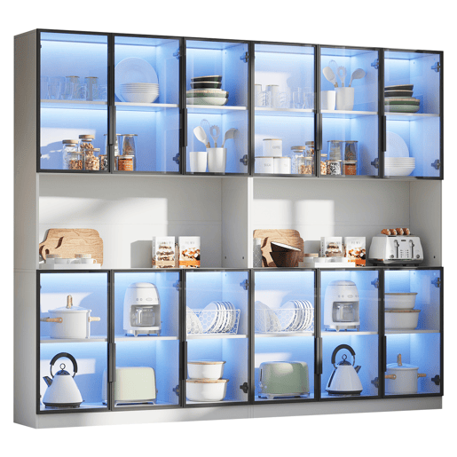 Vitrine 240x34x200 cm - 12 portas, LED, armazenamento multifuncional - Branco Vitrine 240x34x200 cm - 12 portas, LED, armazenamento multifuncional - Branco