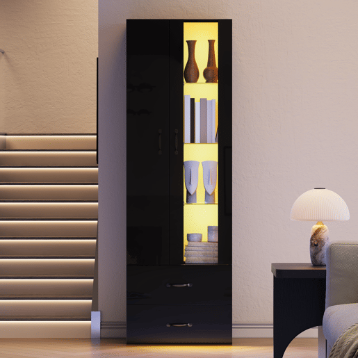 Vitrine LED com 2 portas - Porta transparente, independente, sala de estar - Preto Vitrine LED com 2 portas - Porta transparente, independente, sala de estar - Preto