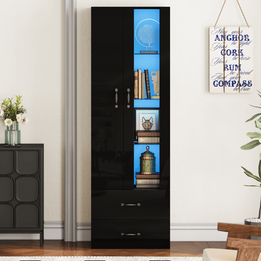 Vitrine LED com 2 portas - Porta transparente, independente, sala de estar - Preto Vitrine LED com 2 portas - Porta transparente, independente, sala de estar - Preto