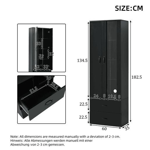 Vitrine LED com 2 portas - Porta transparente, independente, sala de estar - Preto Vitrine LED com 2 portas - Porta transparente, independente, sala de estar - Preto