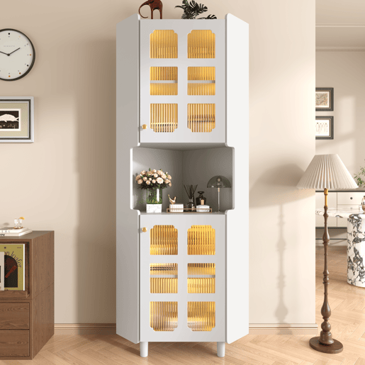 Armário de canto com iluminação LED - multifuncional, acabamento lacado, MDF, para sala de estar, quarto, casa de banho, sala de jantar - Branco Armário de canto com iluminação LED - multifuncional, acabamento lacado, MDF, para sala de estar, quarto, casa de banho, sala de jantar - Branco