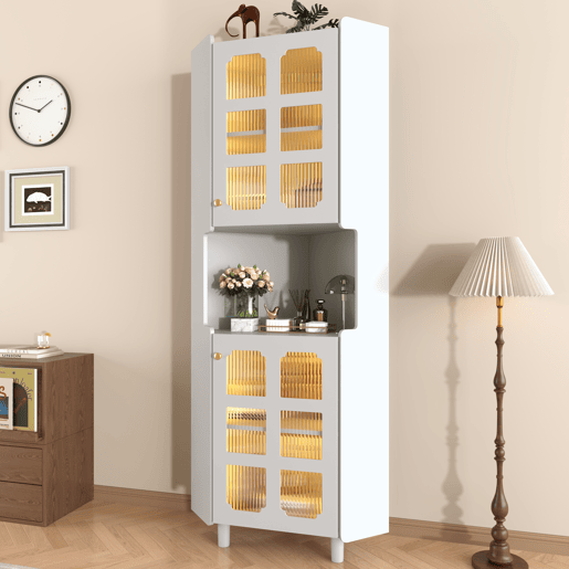 Armário de canto com iluminação LED - multifuncional, acabamento lacado, MDF, para sala de estar, quarto, casa de banho, sala de jantar - Branco Armário de canto com iluminação LED - multifuncional, acabamento lacado, MDF, para sala de estar, quarto, casa de banho, sala de jantar - Branco