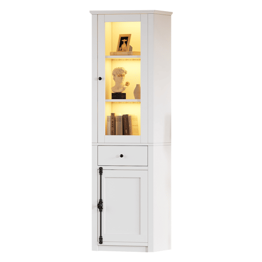 Armário vitrina alto 55×40×200 cm - com 1 gaveta, 2 portas, vitrina de vidro com iluminação LED, puxadores em metal e liga de alumínio - branco Armário vitrina alto 55×40×200 cm - com 1 gaveta, 2 portas, vitrina de vidro com iluminação LED, puxadores em metal e liga de alumínio - branco