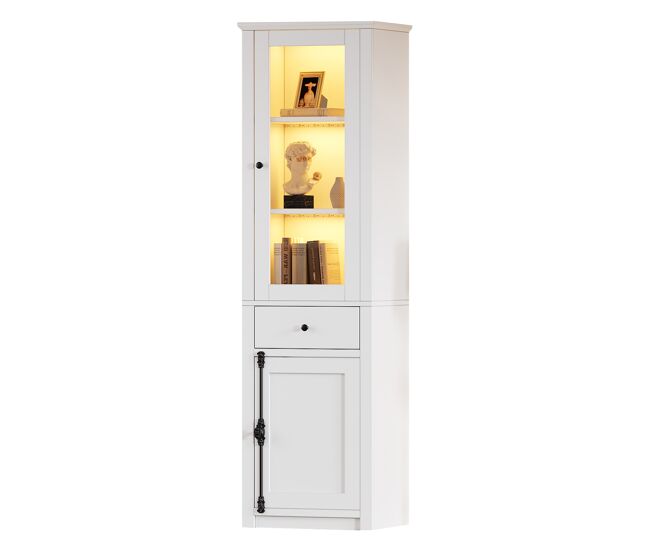 Armario vitrina alto 55×40×200 cm - con 1 cajón, 2 puertas, vitrina de vidrio con led, tiradores de metal y aleación de aluminio - blanco