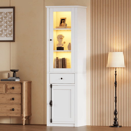 Armário vitrina alto 55×40×200 cm - com 1 gaveta, 2 portas, vitrina de vidro com iluminação LED, puxadores em metal e liga de alumínio - branco Armário vitrina alto 55×40×200 cm - com 1 gaveta, 2 portas, vitrina de vidro com iluminação LED, puxadores em metal e liga de alumínio - branco