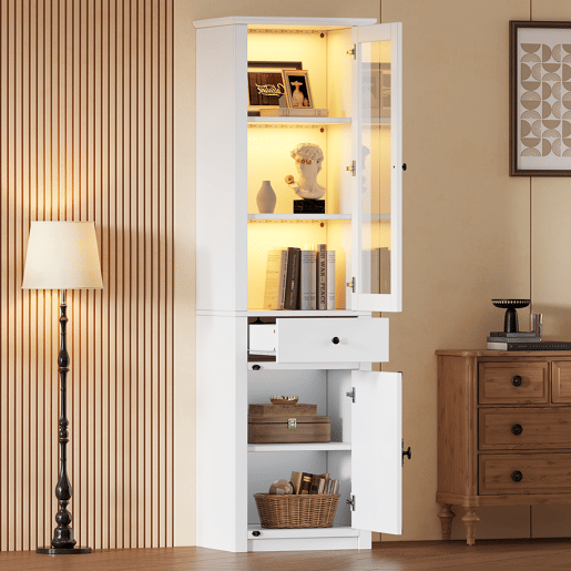 Armário vitrina alto 55×40×200 cm - com 1 gaveta, 2 portas, vitrina de vidro com iluminação LED, puxadores em metal e liga de alumínio - branco Armário vitrina alto 55×40×200 cm - com 1 gaveta, 2 portas, vitrina de vidro com iluminação LED, puxadores em metal e liga de alumínio - branco