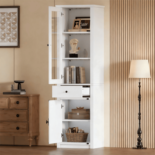 Armário vitrina alto 55×40×200 cm - com 1 gaveta, 2 portas, vitrina de vidro com iluminação LED, puxadores em metal e liga de alumínio - branco Armário vitrina alto 55×40×200 cm - com 1 gaveta, 2 portas, vitrina de vidro com iluminação LED, puxadores em metal e liga de alumínio - branco