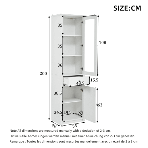 Armário vitrina alto 55×40×200 cm - com 1 gaveta, 2 portas, vitrina de vidro com iluminação LED, puxadores em metal e liga de alumínio - branco Armário vitrina alto 55×40×200 cm - com 1 gaveta, 2 portas, vitrina de vidro com iluminação LED, puxadores em metal e liga de alumínio - branco
