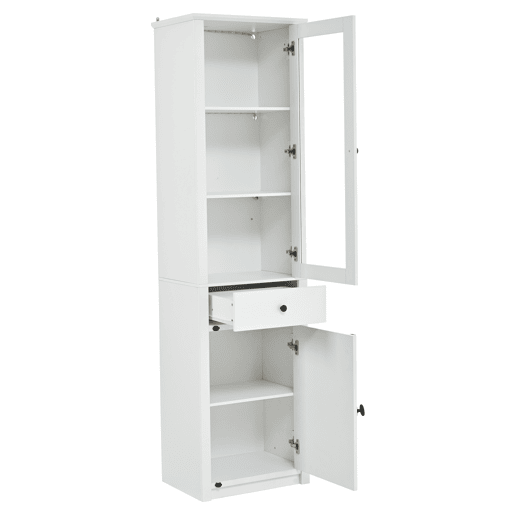 Armário vitrina alto 55×40×200 cm - com 1 gaveta, 2 portas, vitrina de vidro com iluminação LED, puxadores em metal e liga de alumínio - branco Armário vitrina alto 55×40×200 cm - com 1 gaveta, 2 portas, vitrina de vidro com iluminação LED, puxadores em metal e liga de alumínio - branco
