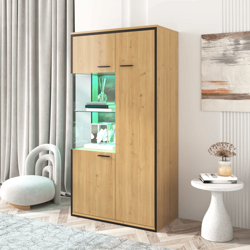 Vitrine moderna 150 cm - Com iluminação LED, portas de vidro, prateleiras multifuncionais, grande capacidade de armazenamento - Natural Vitrine moderna 150 cm - Com iluminação LED, portas de vidro, prateleiras multifuncionais, grande capacidade de armazenamento - Natural