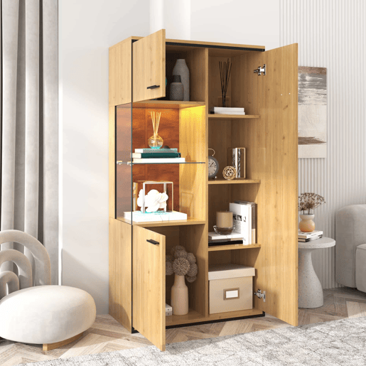 Vitrine moderna 150 cm - Com iluminação LED, portas de vidro, prateleiras multifuncionais, grande capacidade de armazenamento - Natural Vitrine moderna 150 cm - Com iluminação LED, portas de vidro, prateleiras multifuncionais, grande capacidade de armazenamento - Natural
