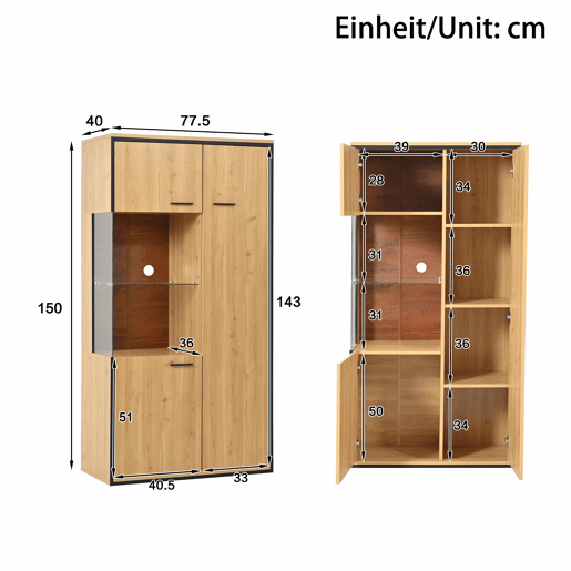 Vitrine moderna 150 cm - Com iluminação LED, portas de vidro, prateleiras multifuncionais, grande capacidade de armazenamento - Natural Vitrine moderna 150 cm - Com iluminação LED, portas de vidro, prateleiras multifuncionais, grande capacidade de armazenamento - Natural
