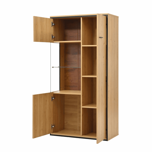 Vitrine moderna 150 cm - Com iluminação LED, portas de vidro, prateleiras multifuncionais, grande capacidade de armazenamento - Natural Vitrine moderna 150 cm - Com iluminação LED, portas de vidro, prateleiras multifuncionais, grande capacidade de armazenamento - Natural