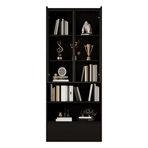 Vitrine alta 80 x 34 x 180 cm - 1 gaveta, portas de vidro, LED, compartimento aberto, prateleira de pé - preto