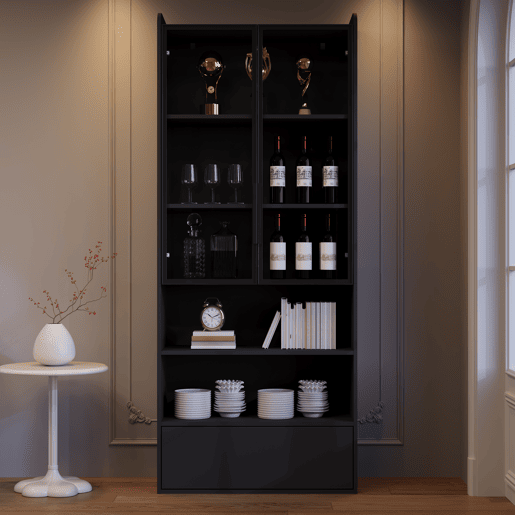 Vitrine alta 80 x 34 x 180 cm - 1 gaveta, portas de vidro, LED, compartimento aberto, prateleira de pé - preto