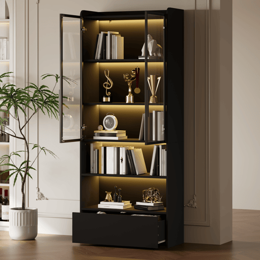 Vitrine alta 80 x 34 x 180 cm - 1 gaveta, portas de vidro, LED, compartimento aberto, prateleira de pé - preto