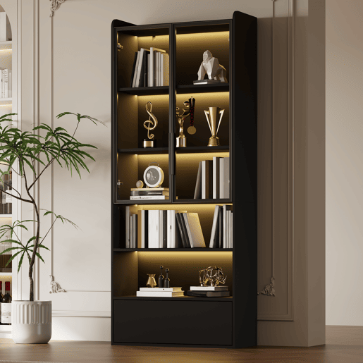 Vitrine alta 80 x 34 x 180 cm - 1 gaveta, portas de vidro, LED, compartimento aberto, prateleira de pé - preto