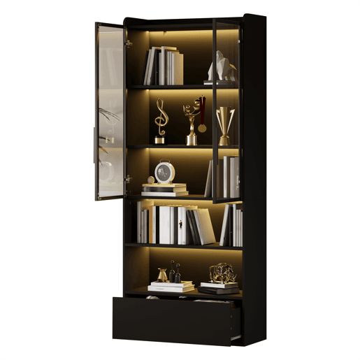 Vitrine alta 80 x 34 x 180 cm - 1 gaveta, portas de vidro, LED, compartimento aberto, prateleira de pé - preto