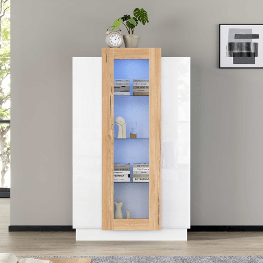 Móvel de sala 74x40x120 cm - Vitrine com 3 portas, LED, prateleira de vidro e gaveta - Alto brilho Móvel de sala 74x40x120 cm - Vitrine com 3 portas, LED, prateleira de vidro e gaveta - Alto brilho