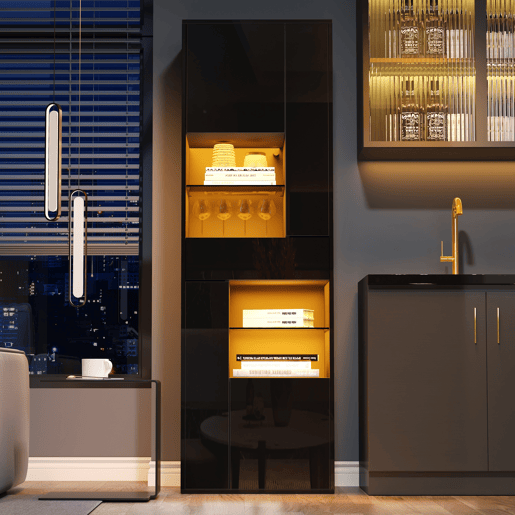 Vitrine + 55x38x170 cm - 1 gaveta, 4 portas, LED, alto brilho - Preto