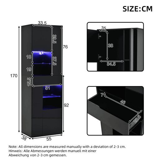 Vitrine + 55x38x170 cm - 1 gaveta, 4 portas, LED, alto brilho - Preto