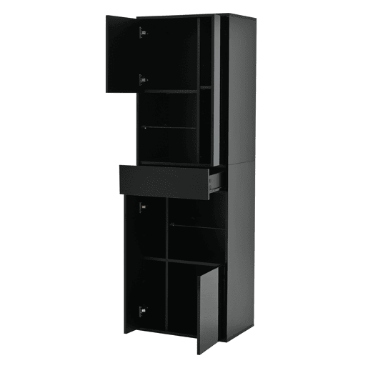 Vitrine + 55x38x170 cm - 1 gaveta, 4 portas, LED, alto brilho - Preto