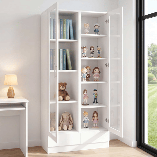 Vitrine 80×40×160 cm - com portas de vidro, 2 gavetas e armário de arrumação multifuncional - Branco