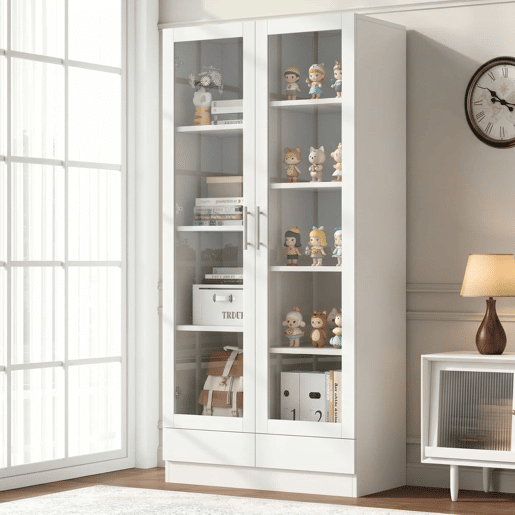 Vitrine 80×40×160 cm - com portas de vidro, 2 gavetas e armário de arrumação multifuncional - Branco