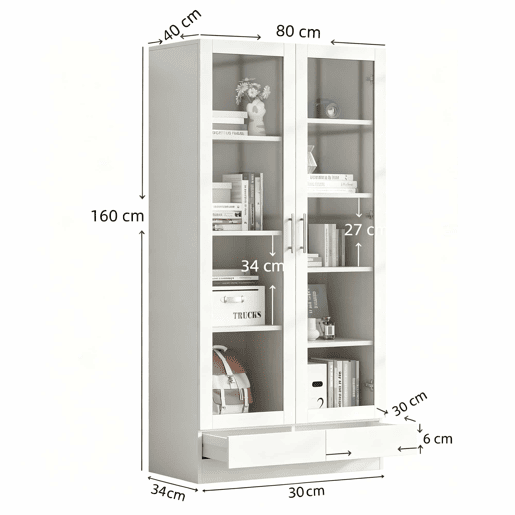 Vitrine 80×40×160 cm - com portas de vidro, 2 gavetas e armário de arrumação multifuncional - Branco