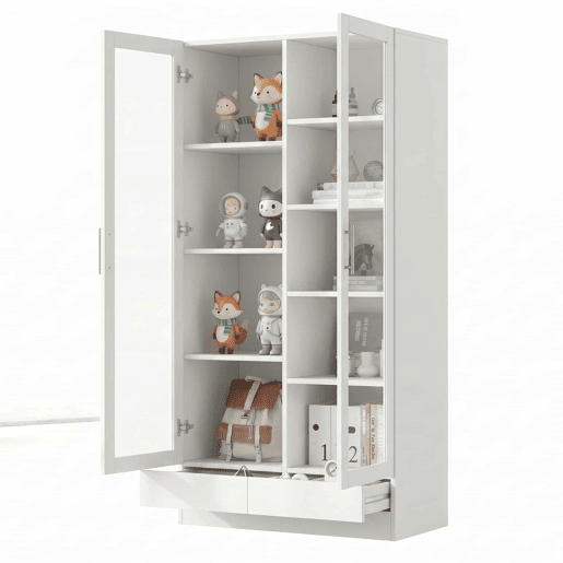 Vitrine 80×40×160 cm - com portas de vidro, 2 gavetas e armário de arrumação multifuncional - Branco