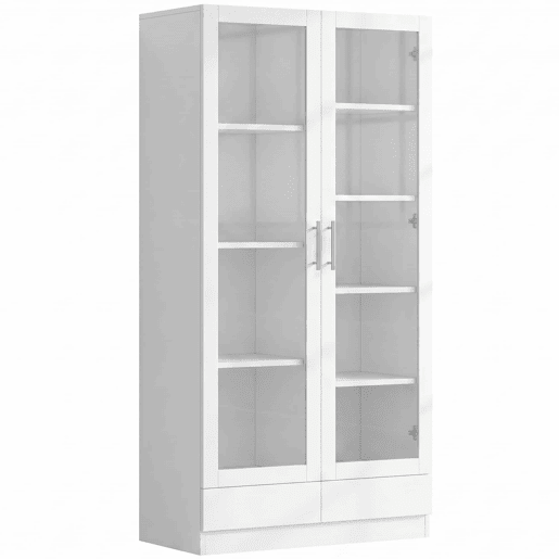 Vitrine 80×40×160 cm - com portas de vidro, 2 gavetas e armário de arrumação multifuncional - Branco