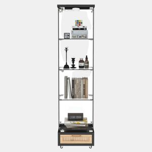 Vitrine moderna em vidro 167 x 42,5 x 36,5 cm - com LED, 1 porta e 4 prateleiras - preta