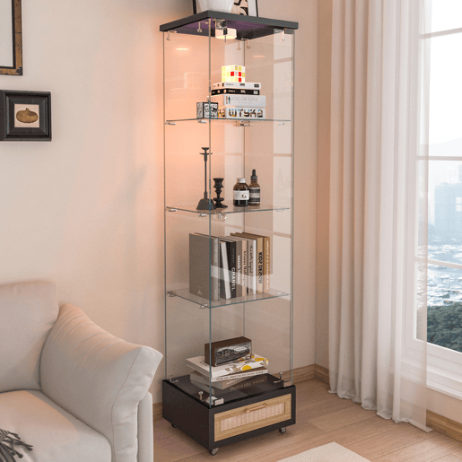 Vitrine moderna em vidro 167 x 42,5 x 36,5 cm - com LED, 1 porta e 4 prateleiras - preta Vitrine moderna em vidro 167 x 42,5 x 36,5 cm - com LED, 1 porta e 4 prateleiras - preta